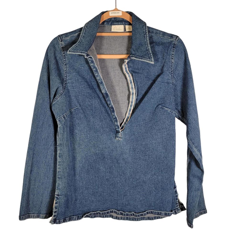 Caslon Blue Denim Jean V Neck Long Sleeve Shirt Women Size  XS